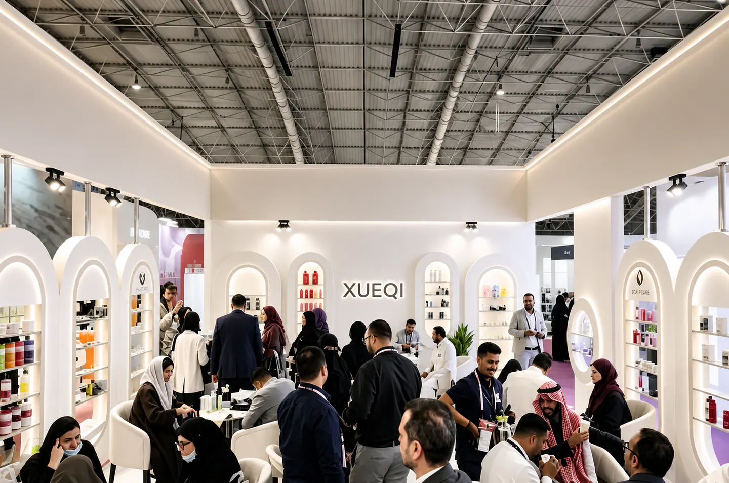 Trade show booth meeting with visitors and hair care packaging samples